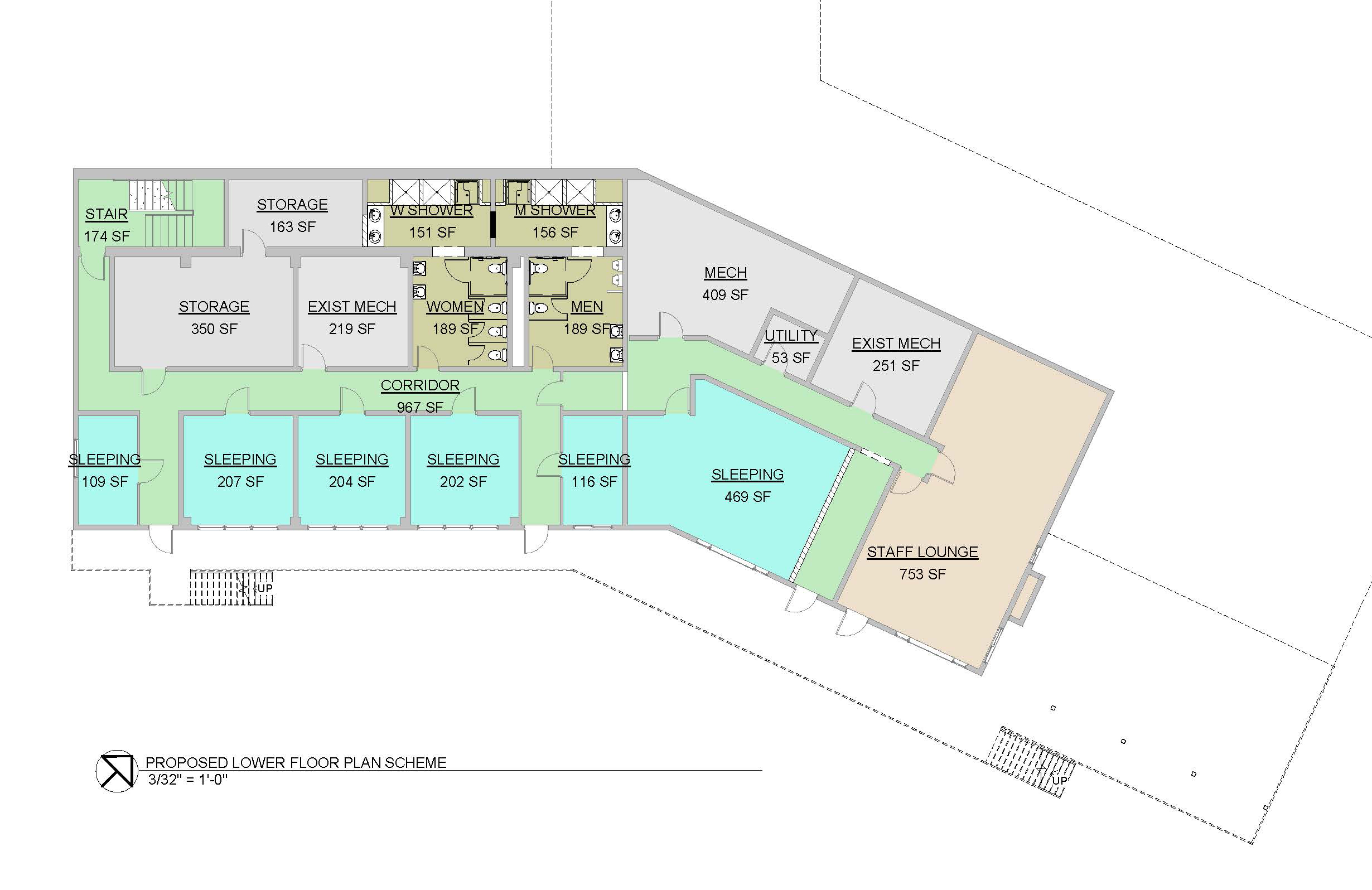 Architect's plans for the lower level include remodeled bathrooms and a remodeled break area for summer staff.