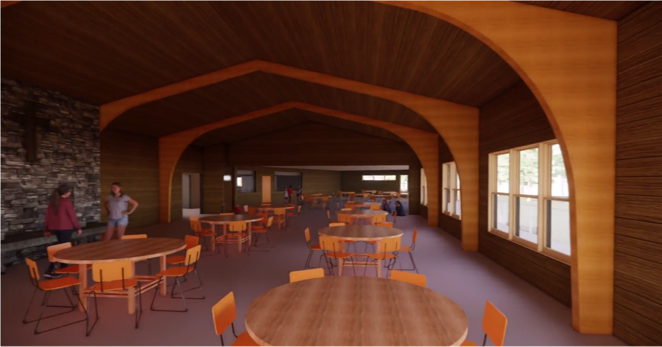 This architect's rendering shows the main dining area, looking toward the kitchen area. The dining area near the kitchen will be expanded and streamlined.