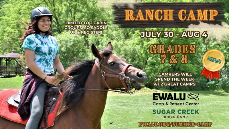 Girl on horse, plus dates and details about Ranch Camp. July 30 to August 4, for grades 7 and 8.
