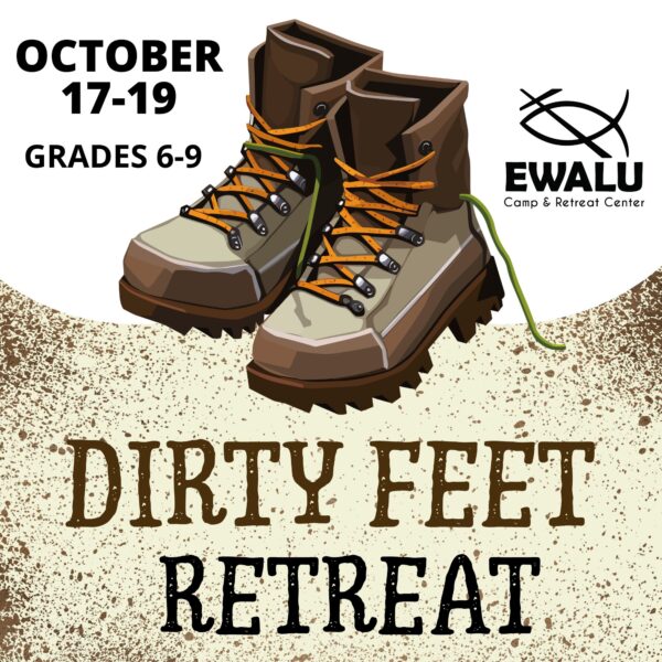 Dirty Feet Retreat logo Hiking boots with Ewalu logo and date for Dirty Feet Retreat