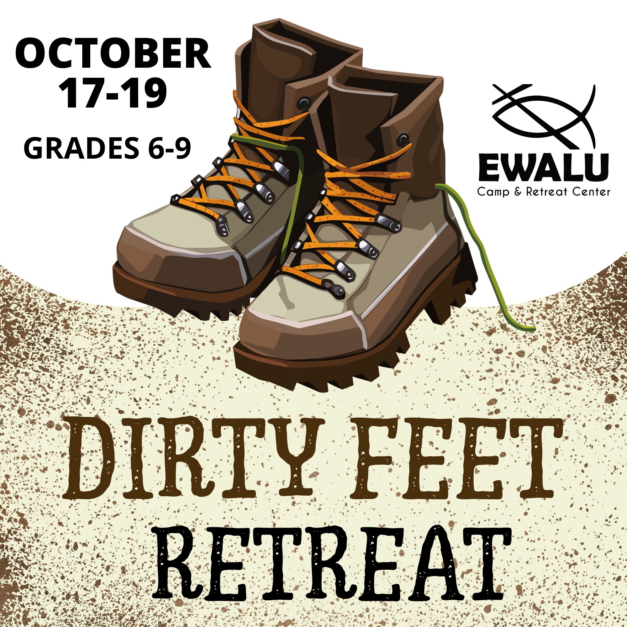 Hiking boots with Ewalu logo and date for Dirty Feet Retreat