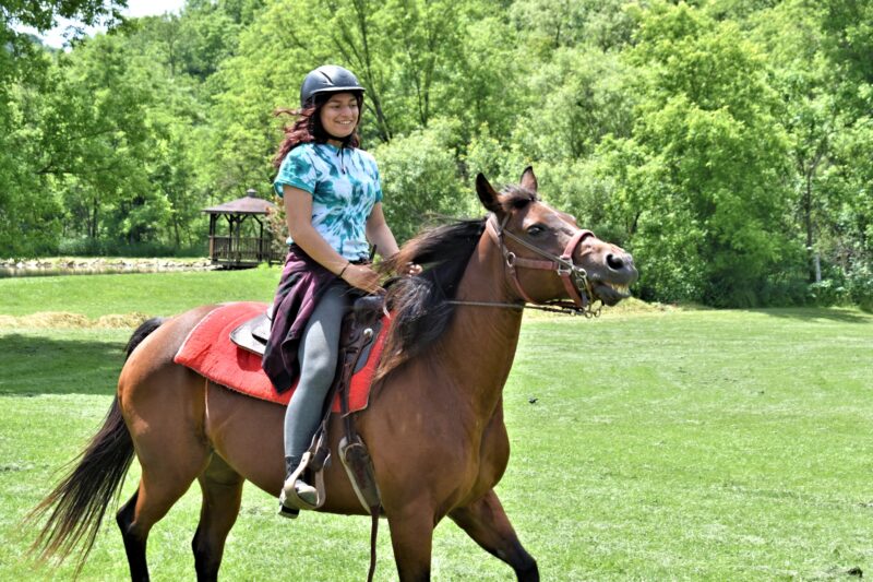 Camper riding a brown horse