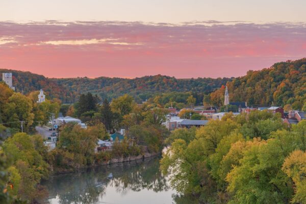 Elkader fall Timberdoodle photo 2 View of Elkader, Iowa, with pink clouds and beautiful fall foliage.