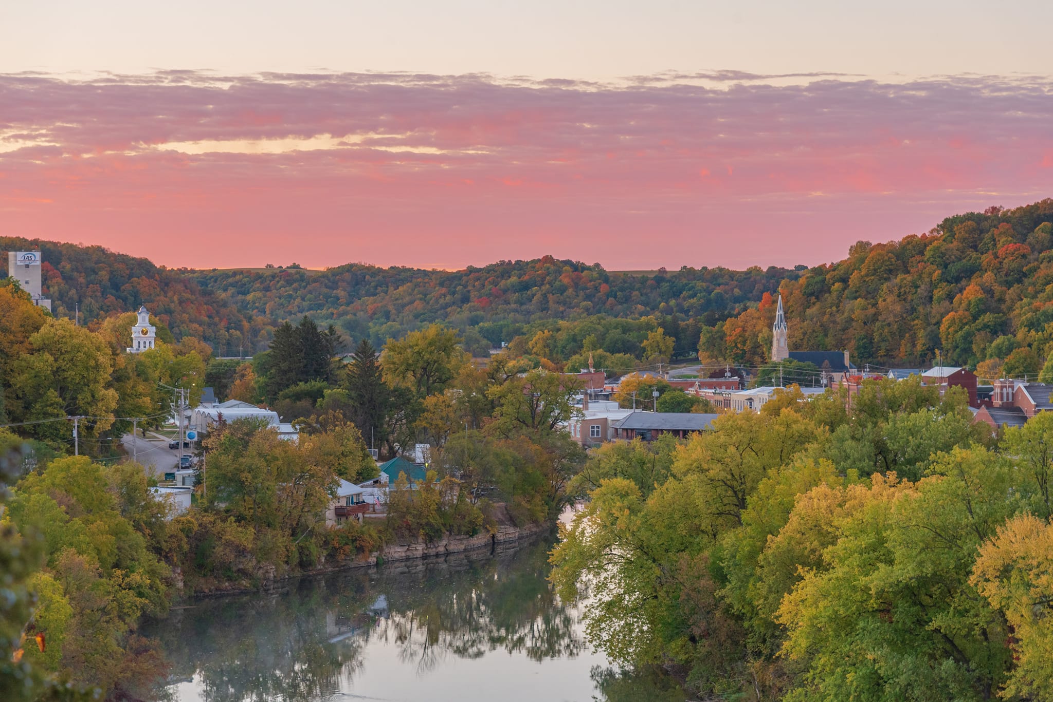 Elkader fall Timberdoodle photo 2 View of Elkader, Iowa, with pink clouds and beautiful fall foliage.
