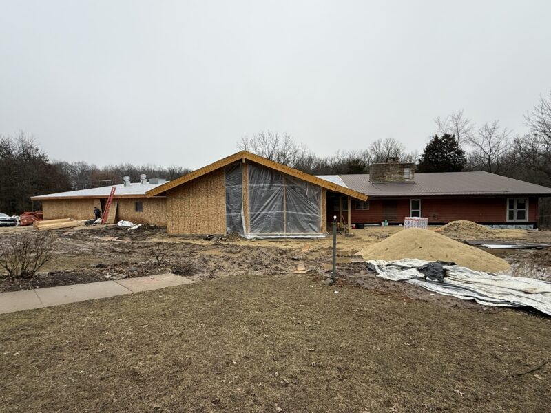 Construction progress on the new entryway addition of Cedar Lodge.