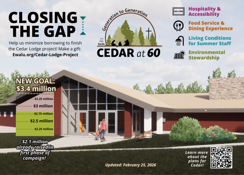 A goal thermometer shows that $2.8 million has been raised, with an artist's rendering of what the renovated Cedar Lodge will look like.