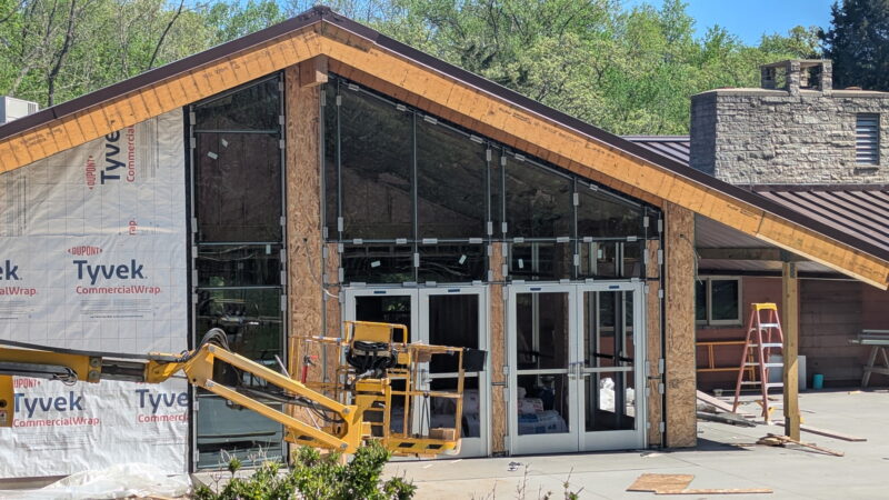 Entrance of Cedar Lodge is nearing completion, with new windows being installed.