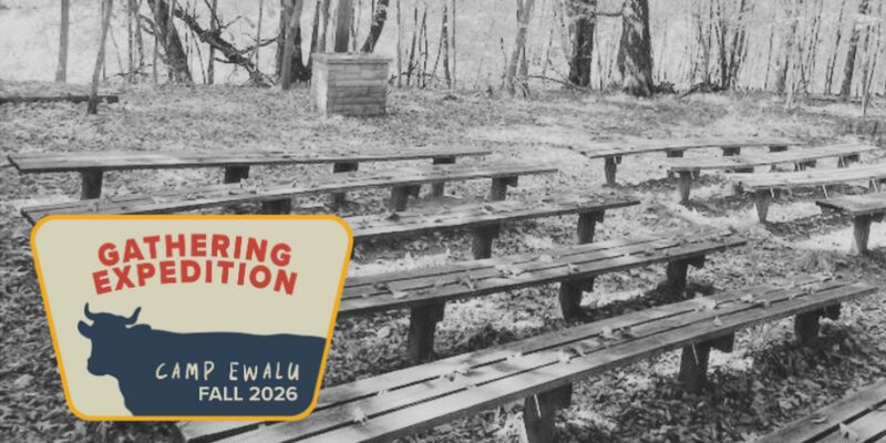 Benches at Outdoor Chapel and the Gathering Expedition logo